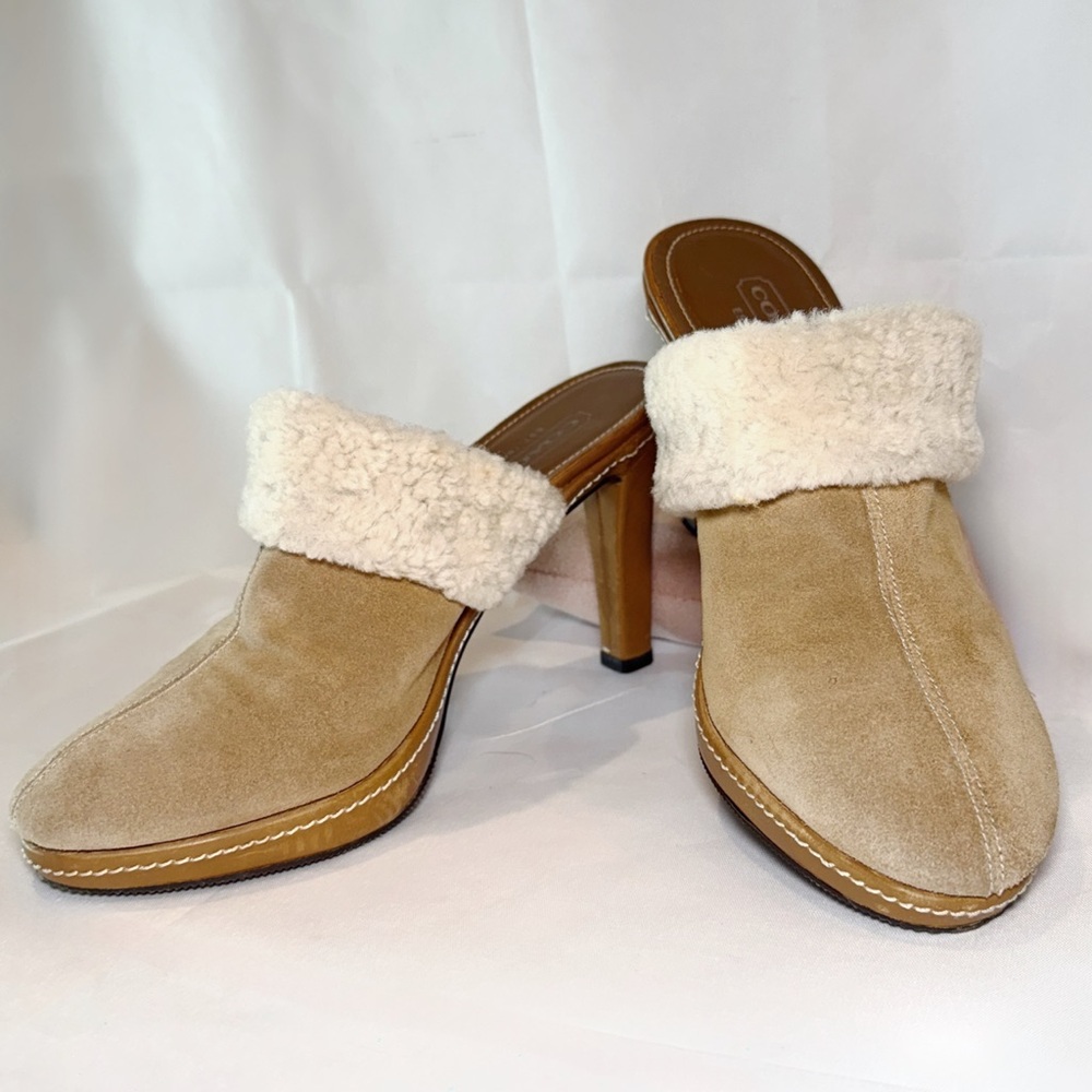 Size 8.5 COACH Kacie Camel/ Suede Slip On High Heel/ Clog